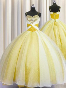Super Spaghetti Straps Sleeveless Beading and Ruching Lace Up Quince Ball Gowns