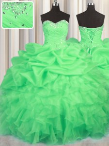Green Sweetheart Neckline Beading and Ruffles and Ruching and Pick Ups Quinceanera Dresses Sleeveless Lace Up