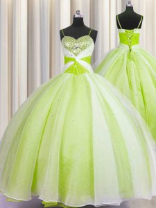 Yellow Green Spaghetti Straps Neckline Beading and Ruching Vestidos de Quinceanera Sleeveless Lace Up