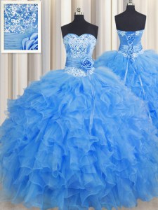 Suitable Handcrafted Flower Sleeveless Lace Up Floor Length Beading and Ruffles and Hand Made Flower Quince Ball Gowns