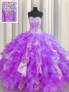 Customized Visible Boning Beading and Ruffles and Sequins Quinceanera Dresses Lavender Lace Up Sleeveless Floor Length