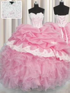 Rose Pink Ball Gowns Organza Sweetheart Sleeveless Beading and Appliques and Ruffles and Pick Ups Floor Length Lace Up Ball Gown Prom Dress