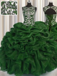 Ideal Scoop See Through Dark Green Ball Gowns Beading and Pick Ups Sweet 16 Quinceanera Dress Lace Up Organza Sleeveless Floor Length