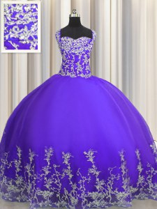 Lovely Purple Straps Neckline Beading and Appliques Quinceanera Gowns Sleeveless Lace Up