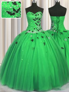 Graceful Green Ball Gowns Sweetheart Sleeveless Tulle Floor Length Lace Up Beading and Appliques Ball Gown Prom Dress