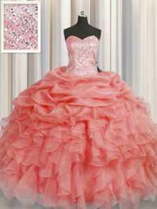 Unique Watermelon Red Ball Gowns Beading and Ruffles Quinceanera Gown Lace Up Organza Sleeveless Floor Length