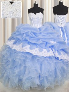 Sweetheart Sleeveless 15th Birthday Dress Floor Length Beading and Appliques and Ruffled Layers Light Blue Organza