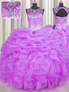 Glittering Scoop See Through Sleeveless Floor Length Beading and Ruffles and Pick Ups Backless Quinceanera Dresses with Lilac