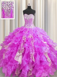 Sequins Visible Boning Lilac Sleeveless Organza and Sequined Lace Up Ball Gown Prom Dress for Military Ball and Sweet 16 and Quinceanera