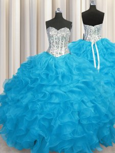 Fantastic Organza Long Sleeves Floor Length Ball Gown Prom Dress and Beading and Ruffles