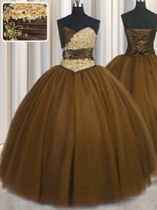 Brown Tulle Lace Up Sweetheart Sleeveless Floor Length Quinceanera Dresses Beading and Appliques and Ruching and Belt