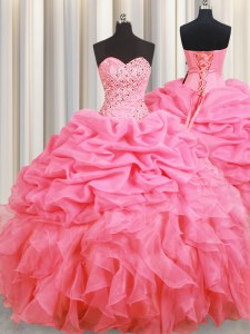 Stylish Halter Top Floor Length Lace Up Sweet 16 Dress Rose Pink for Military Ball and Sweet 16 and Quinceanera with Beading and Ruffles and Pick Ups
