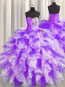 Glittering Organza Sweetheart Sleeveless Lace Up Beading and Ruffles and Ruching Quinceanera Dresses in White And Purple