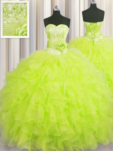 Perfect Handcrafted Flower Sleeveless Organza Floor Length Lace Up 15th Birthday Dress in Yellow Green with Beading and Ruffles and Hand Made Flower