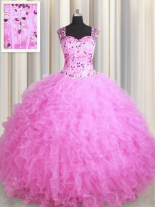 Edgy See Through Zipper Up Rose Pink Tulle Zipper Square Sleeveless Floor Length Sweet 16 Dresses Beading and Ruffles