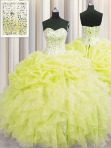 Visible Boning Yellow Sweetheart Lace Up Beading and Ruffles Sweet 16 Quinceanera Dress Sleeveless