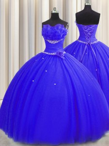 Elegant Handcrafted Flower Strapless Sleeveless Lace Up Vestidos de Quinceanera Royal Blue Tulle