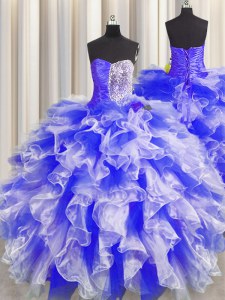Noble Blue And White Ball Gowns Organza Sweetheart Sleeveless Beading and Ruffles and Ruching Floor Length Lace Up Sweet 16 Quinceanera Dress