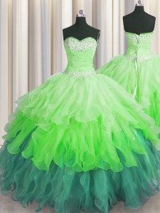 Multi-color Ball Gowns Organza Sweetheart Sleeveless Beading and Ruffles and Ruffled Layers and Sequins Floor Length Lace Up 15th Birthday Dress