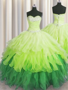 Enchanting Sleeveless Floor Length Beading and Ruffles and Ruffled Layers and Sequins Lace Up Ball Gown Prom Dress with Multi-color