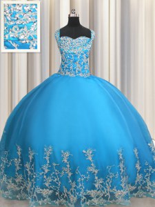 Dynamic Baby Blue Ball Gowns Organza Sweetheart Sleeveless Beading and Appliques Floor Length Lace Up Sweet 16 Dress