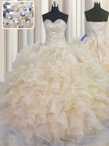Customized Champagne Sleeveless Organza Lace Up Ball Gown Prom Dress for Military Ball and Sweet 16 and Quinceanera