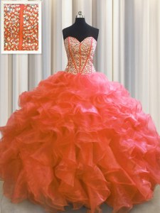 Sweet Visible Boning Red Ball Gowns Beading and Ruffles Sweet 16 Quinceanera Dress Lace Up Organza Sleeveless Floor Length