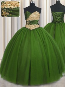 Green Sweetheart Neckline Beading and Ruching and Belt Quinceanera Gown Sleeveless Lace Up
