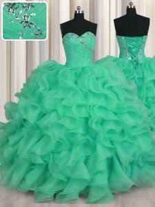 Turquoise Ball Gowns Beading and Ruffles 15th Birthday Dress Lace Up Organza Sleeveless Floor Length