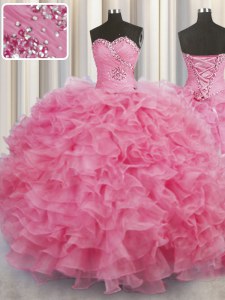 Fancy Floor Length Ball Gowns Sleeveless Rose Pink Sweet 16 Quinceanera Dress Lace Up