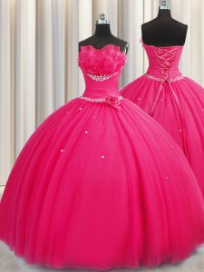Handcrafted Flower Floor Length Hot Pink Quince Ball Gowns Tulle Sleeveless Beading and Sequins and Hand Made Flower