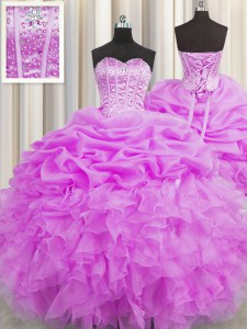 Visible Boning Organza Sweetheart Sleeveless Lace Up Beading and Ruffles and Pick Ups Sweet 16 Quinceanera Dress in Lilac