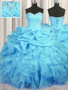 Stylish Pick Ups Sweetheart Sleeveless Lace Up Quince Ball Gowns Baby Blue Organza