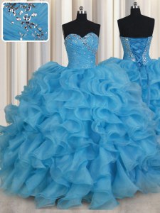Ball Gowns Quinceanera Dresses Baby Blue Sweetheart Organza Sleeveless Floor Length Lace Up