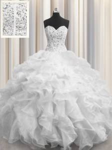 Visible Boning White Lace Up Sweetheart Beading and Ruffles Quince Ball Gowns Organza Sleeveless