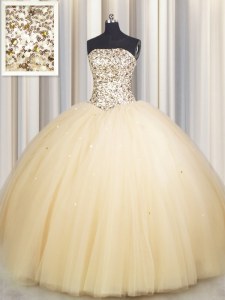 Most Popular Sequins Really Puffy Floor Length Ball Gowns Sleeveless Gold Quinceanera Dress Lace Up