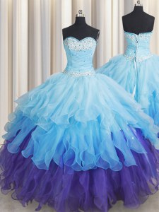 Enchanting Sleeveless Lace Up Floor Length Beading and Ruffles and Ruffled Layers and Sequins Quinceanera Dresses