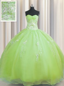 Glamorous Zipper Up Olive Green Sleeveless Floor Length Beading and Appliques Zipper 15 Quinceanera Dress