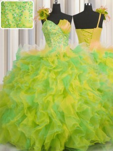 Artistic One Shoulder Handcrafted Flower Floor Length Lace Up Quince Ball Gowns Multi-color for Military Ball and Sweet 16 and Quinceanera with Beading and Ruffles and Hand Made Flower