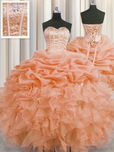 Visible Boning Orange Sweetheart Neckline Beading and Ruffles and Pick Ups 15th Birthday Dress Sleeveless Lace Up