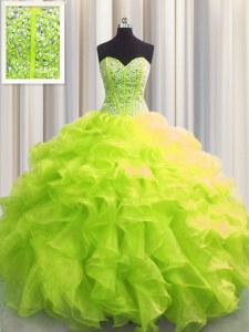 Custom Fit Visible Boning Yellow Green Ball Gowns Sweetheart Sleeveless Organza Floor Length Lace Up Beading and Ruffles 15 Quinceanera Dress
