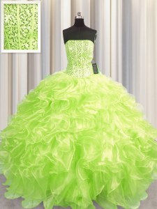 Clearance Visible Boning Beading and Ruffles Sweet 16 Quinceanera Dress Yellow Green Lace Up Sleeveless Floor Length