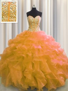 Excellent Visible Boning Beading and Ruffles 15th Birthday Dress Orange Lace Up Sleeveless Floor Length