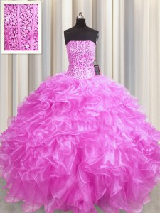 Visible Boning Floor Length Lace Up 15th Birthday Dress Rose Pink for Military Ball and Sweet 16 and Quinceanera with Beading and Ruffles