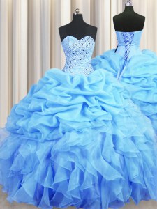 Super Pick Ups Ball Gowns Vestidos de Quinceanera Baby Blue Sweetheart Organza Sleeveless Floor Length Backless