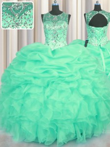 Cheap Scoop See Through Floor Length Turquoise Ball Gown Prom Dress Organza Sleeveless Beading and Ruffles and Pick Ups