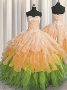 Pretty Sequins Ruffled Ball Gowns Ball Gown Prom Dress Multi-color Sweetheart Organza Sleeveless Floor Length Lace Up