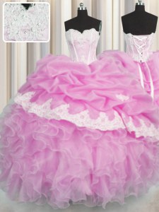 Delicate Pink Ball Gowns Beading and Appliques and Ruffles and Pick Ups 15th Birthday Dress Lace Up Organza Sleeveless Floor Length