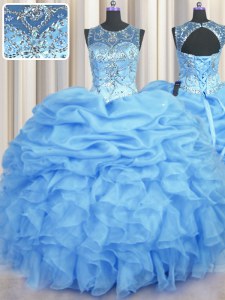 See Through Sleeveless Beading and Ruffles and Pick Ups Lace Up Ball Gown Prom Dress