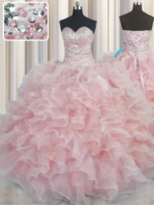 Bling-bling Pink Ball Gowns Beading and Ruffles Vestidos de Quinceanera Lace Up Organza Sleeveless Floor Length